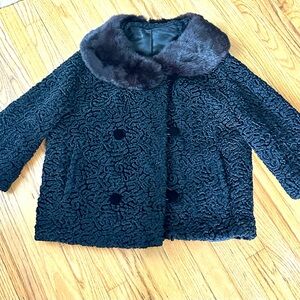 Vintage Black Curly Lambswool Mink Fur Collar Coat Jacket ILGWU SZ M-LG